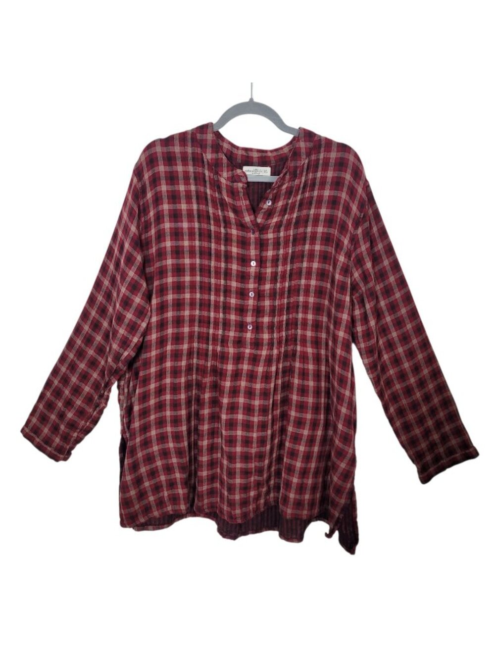 Natural Life Red Buffalo Check Plaid Pintuck Tunic Bohemian Dark Academia Sz XL